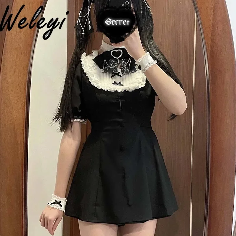 Jirai Kei Clothes Shorts Set Women's Summer Mine Series Mass Production Lace Stitching Short Sleeved Embroidery Waist Dress Suit