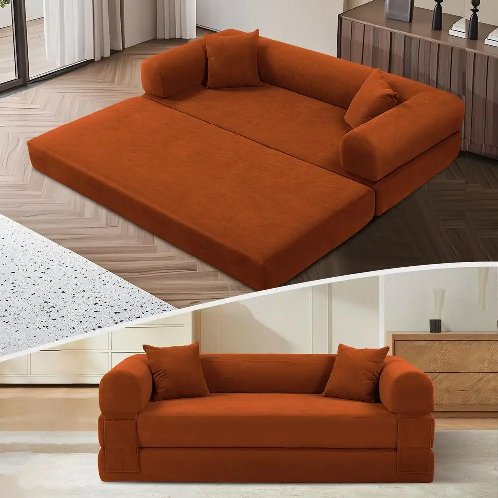 

3Seat Convertible Sleeper Sofa Bed with 2 Pillows, Corduroy Folding Mattress Couch, Floor Sofa Lounge Couch for Living Room Bed