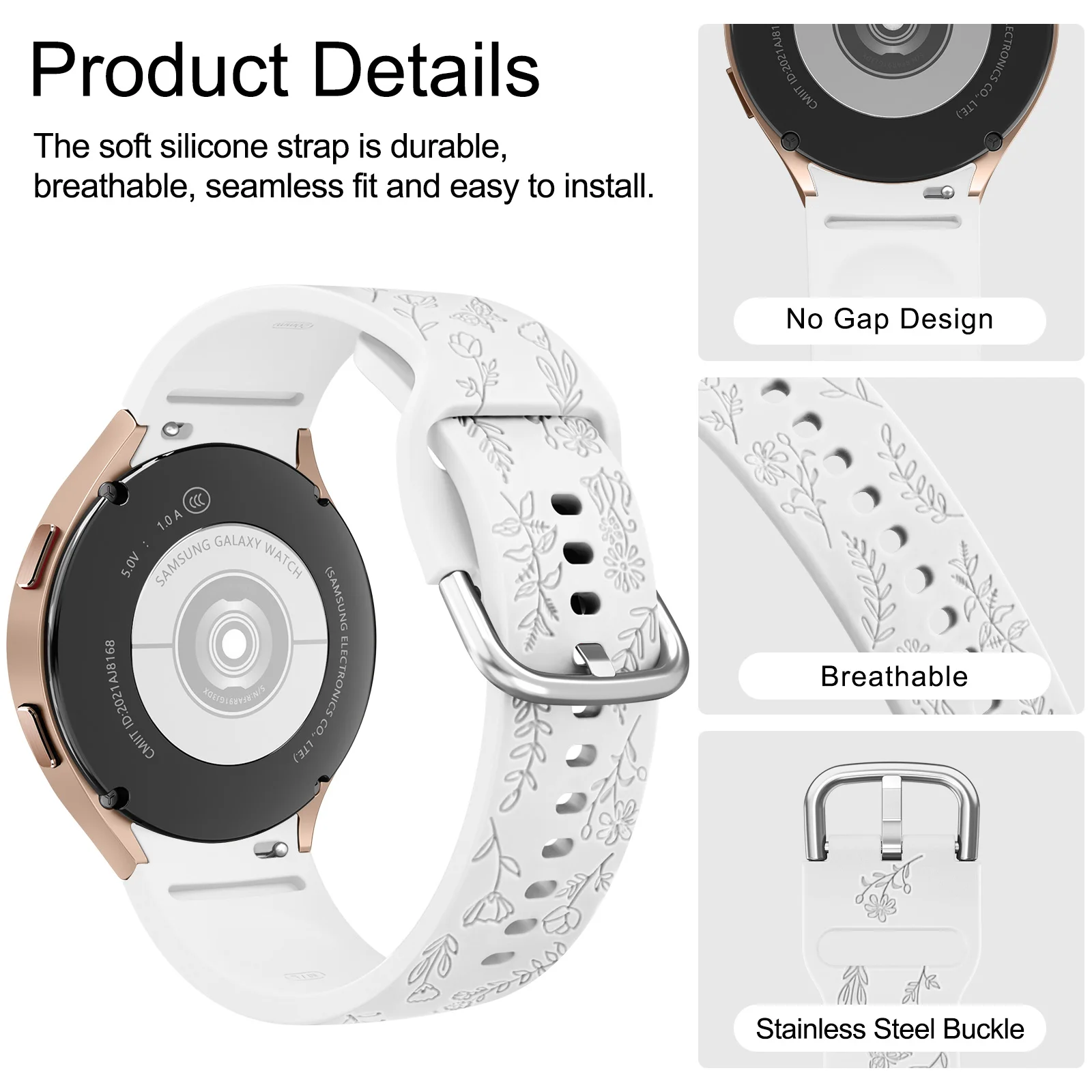 20 mm Blumengravur-Armband für Samsung Galaxy Watch 6/5/4 40 mm/44 mm 5Pro 45 mm Watch 6 4 Classic 43 mm/47 mm 42 mm/46 mm Armband