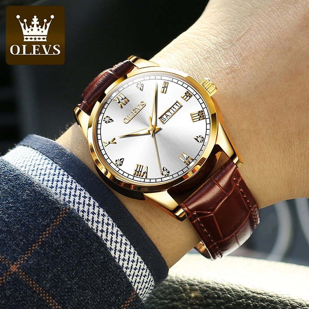 Olevs 6896 Mode Quarzuhr Echt leder Armband Rund zifferblatt Woche Display Kalender leuchtend