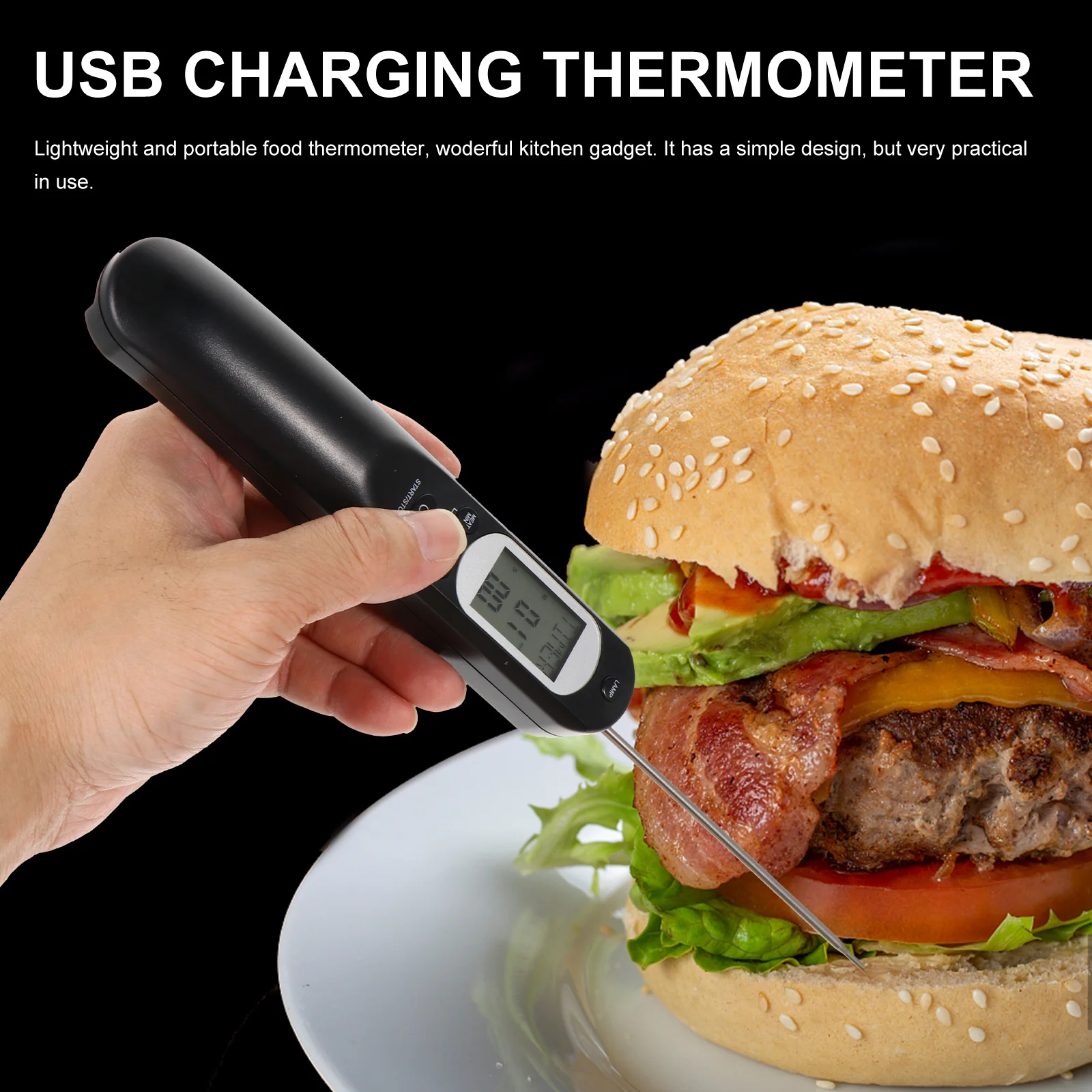 

1Set Digital Food Thermometer USB Charging Instant Read Meat Thermometer for Kitchen Bbq Cooking Baking Grill Steak Temperature