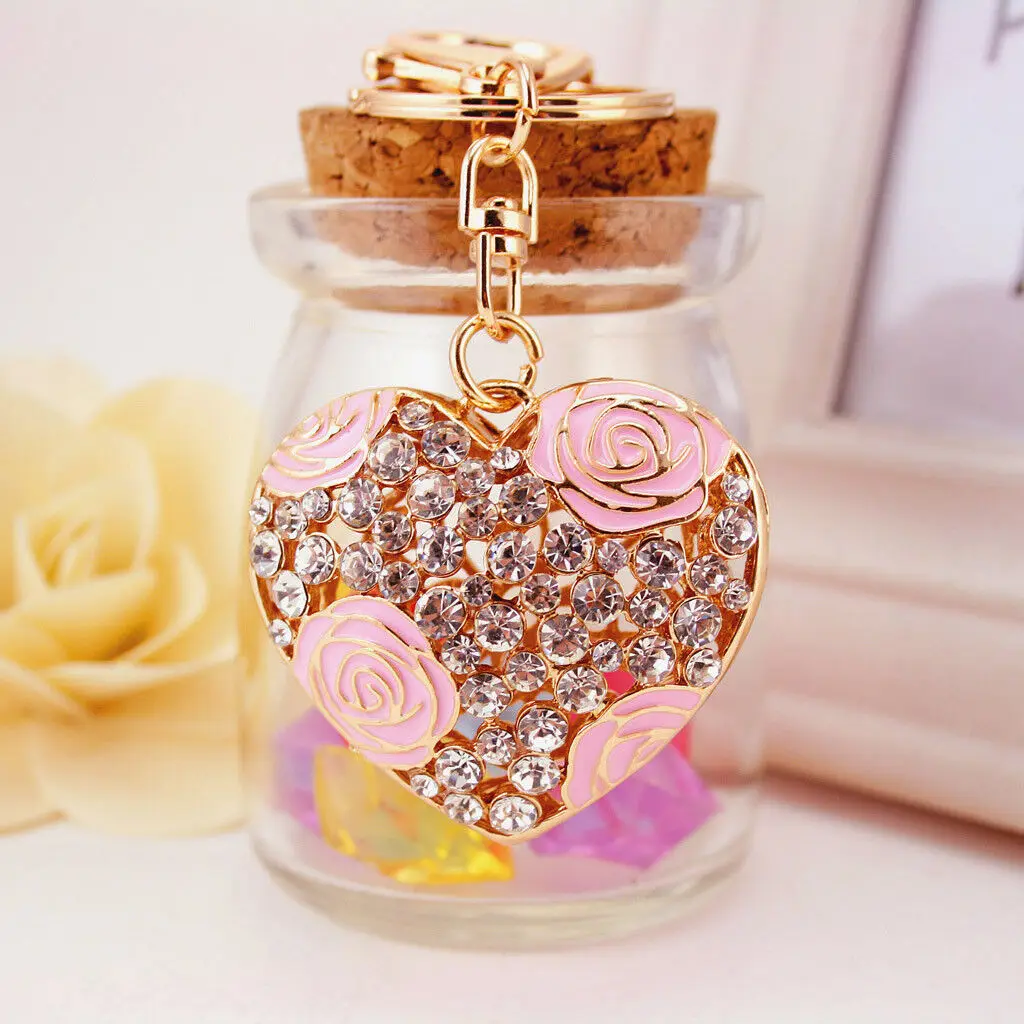 Heart Shape Rose Keychain Valentine Gift Rhinestone Crystal Keyring Car Key Chain Women Men Bag Pendant Hanging Decoration