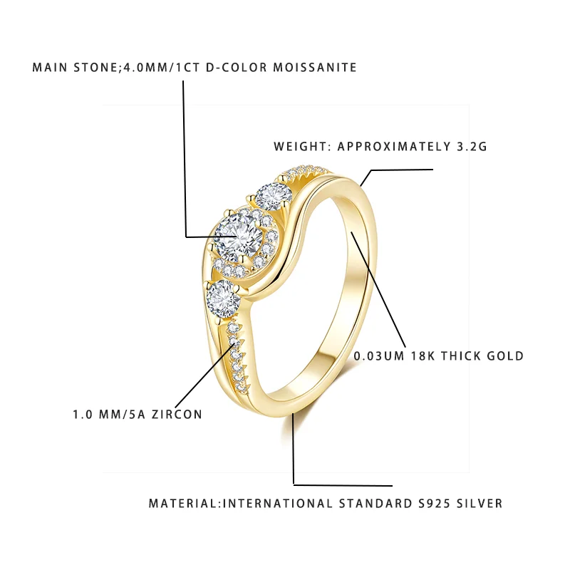 

Кольцо с муассанитом D-цвета, 4,0 мм, 1 карат, серебро S925, толщина 18 карат, позолота, 1,0 мм, 5 А, циркон, женское модное подарочное кольцо 3,2 г