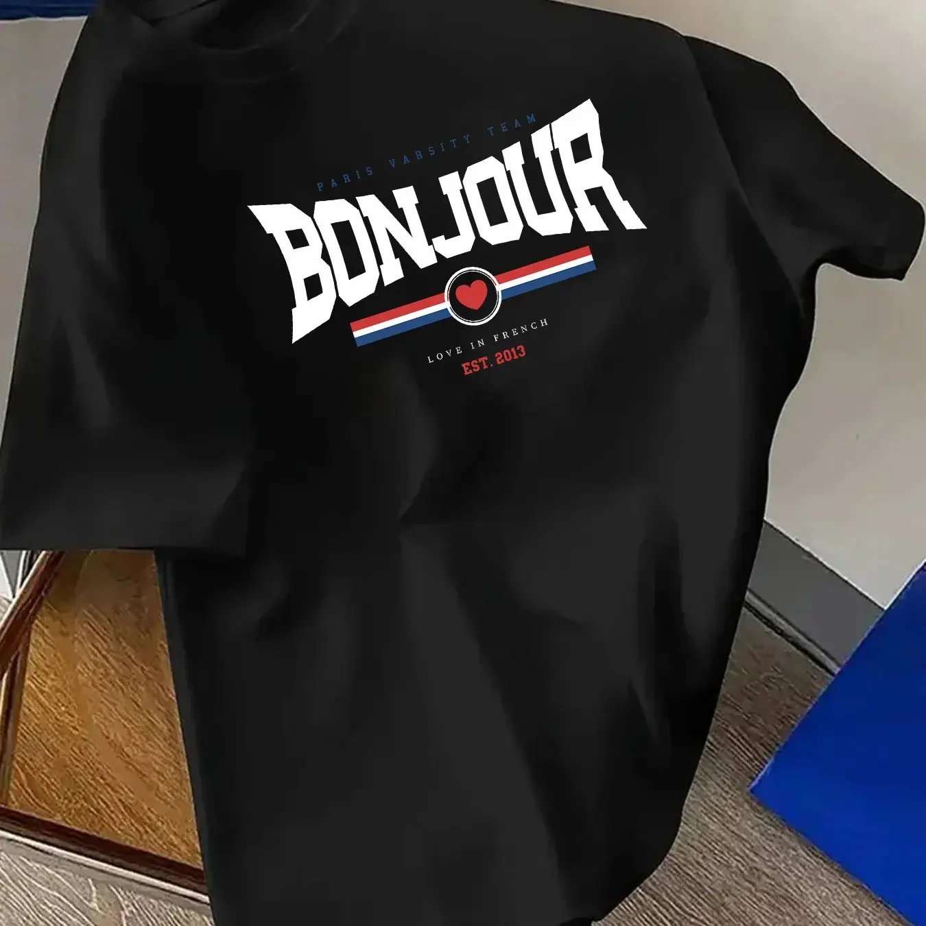 French Retro Varsity Graphic Tee Bonjour Heart Stripe Letter Print Trendy Men Lightweight Cotton Short Sleeve T Shirt