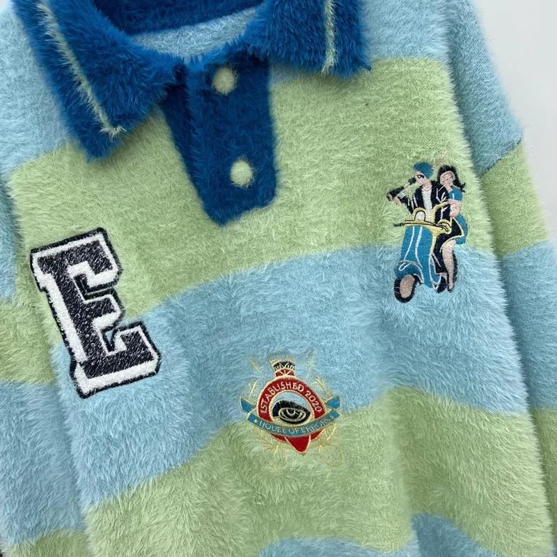 High Quality Real Picture Embroidery Lapel Sweater Men Women Loose Casual Plush Fabric Knitted House of Errors Sweater Pullover