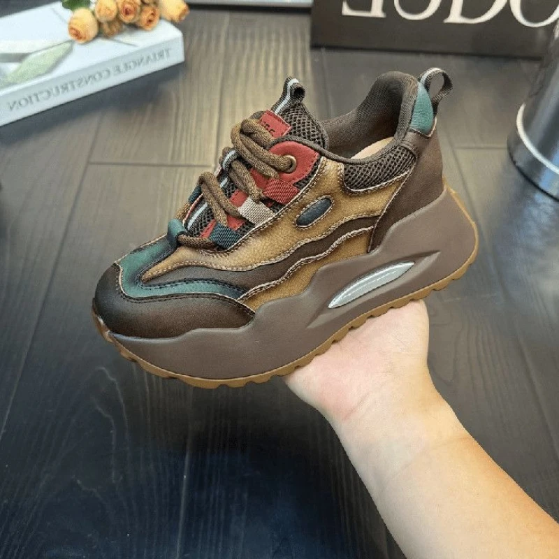2025 Autumn Winter Retro Dad Sneakers Height Boost Thick Sole Warm Sports Color Blocking Women's Footwear