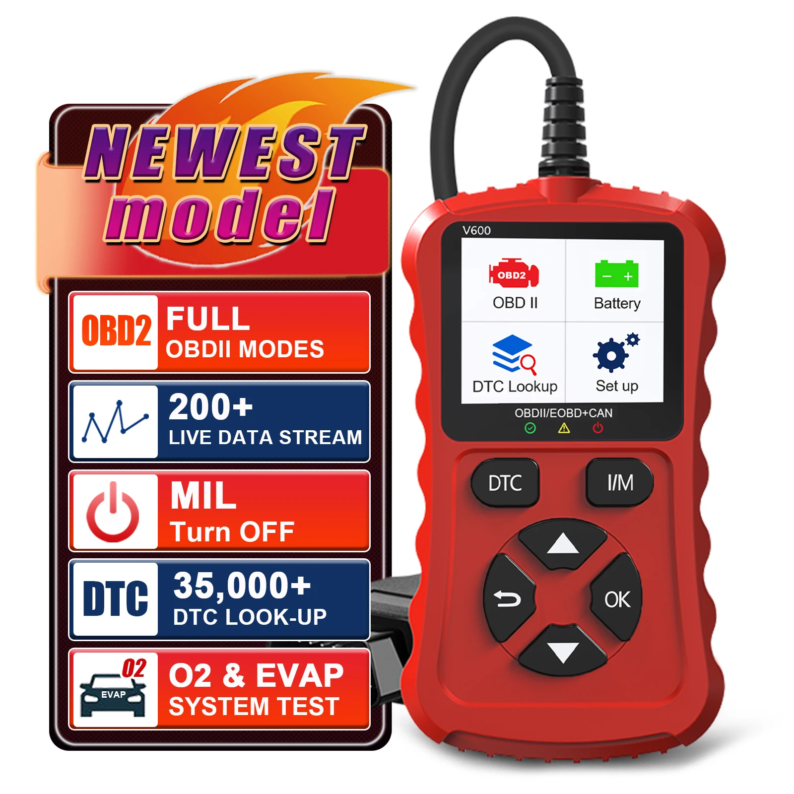 Car Diagnostic Tools Red V600 OBD2/EOBD Diagnostic Tool 12V Plug & Play Can Code Scanner for Cars