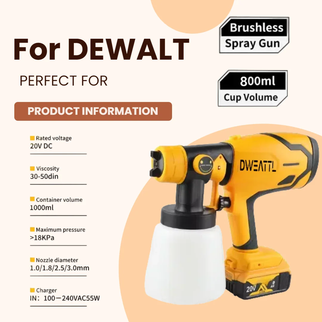 For Dewalt Cordless Electric Spray Gun Portable Paint Sprayer High Power Auto Furniture Coating Airbrush 800ML