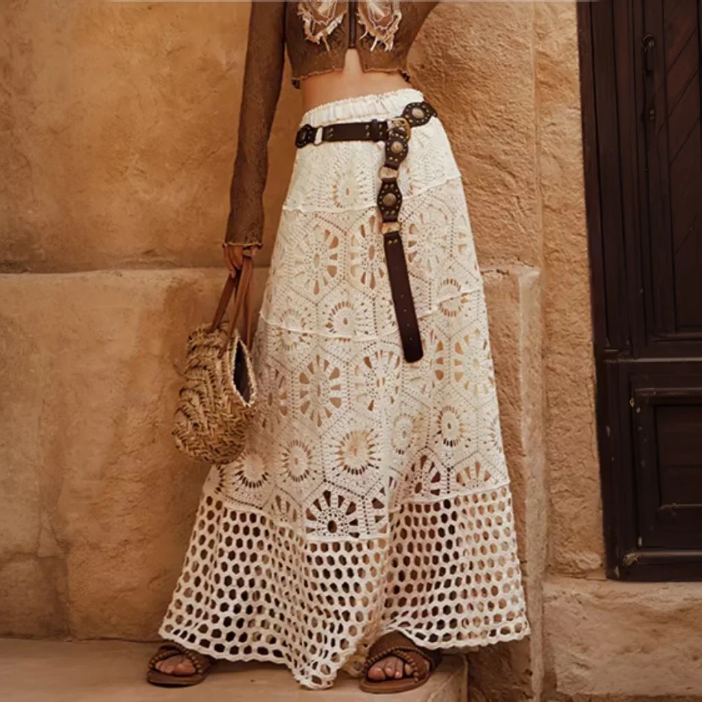 여성용 면 플로럴 크로셰 뜨개질 레이스 스커트 빈티지 홀로우 아웃 엘라스틱 웨이스트 롱 보헤미안 비치 팔다 여름 휴가용