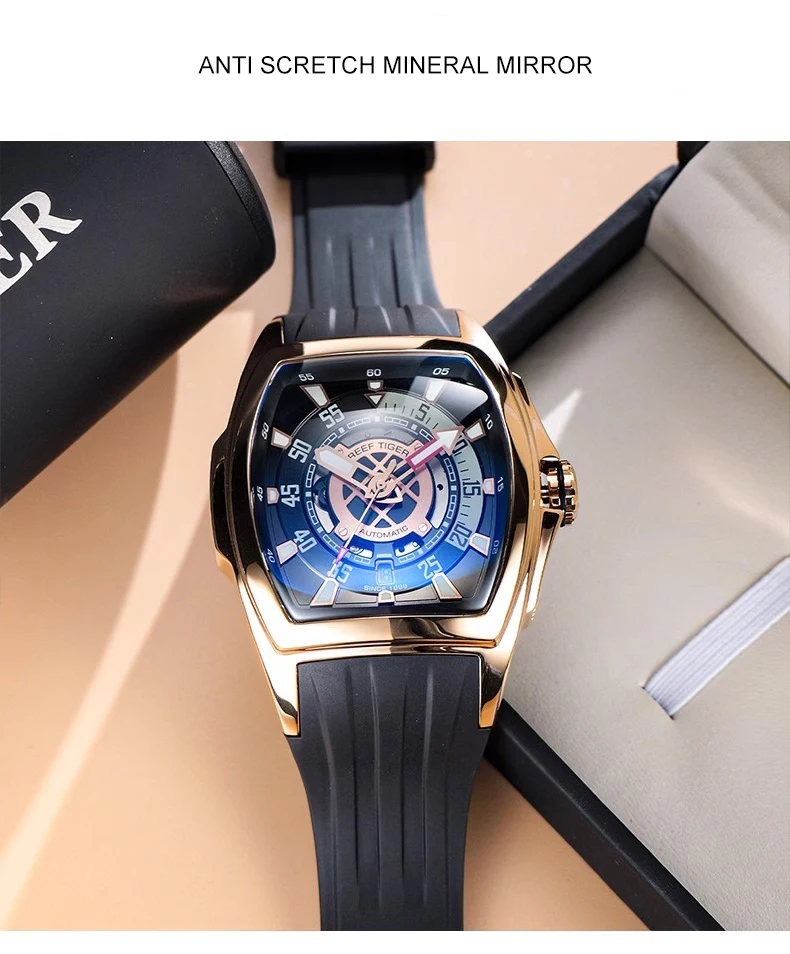 Reef Tiger Men นาฬิกาอัตโนมัติ 42.3 มม.Tonneau Case นาฬิกาข้อมือ Sapphire Mirror Skeleton Dial Luminous