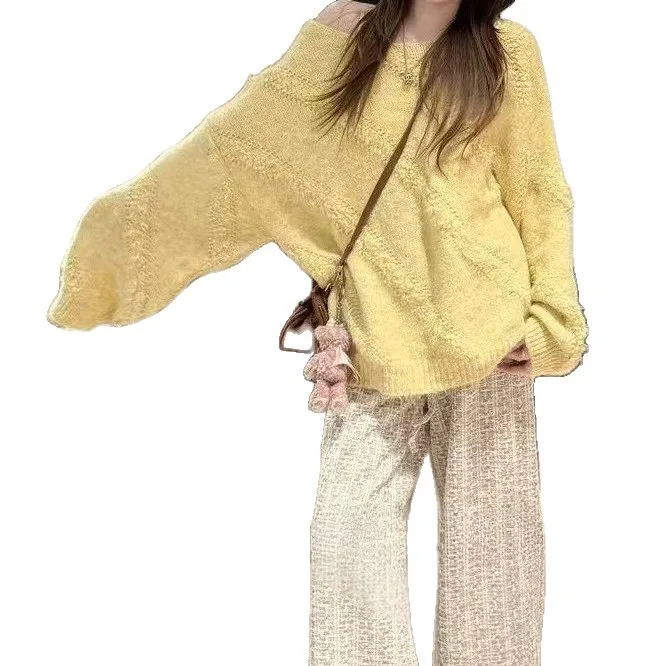 Damska dzianinowa bluza z długim rękawem, okrągłym dekoltem, jednolita, z haftem frotte, luźny krój, wkładana przez głowę, jesienno-zimowa, miękka, przytulna, w stylu koreańskim.