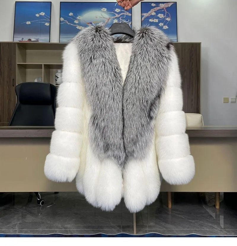 

Winter Popular New Fashion Imported Cross Fox Fur Coat For Women Mid-Length Winter Popular Full Leather Silver Fox Large Fur Col