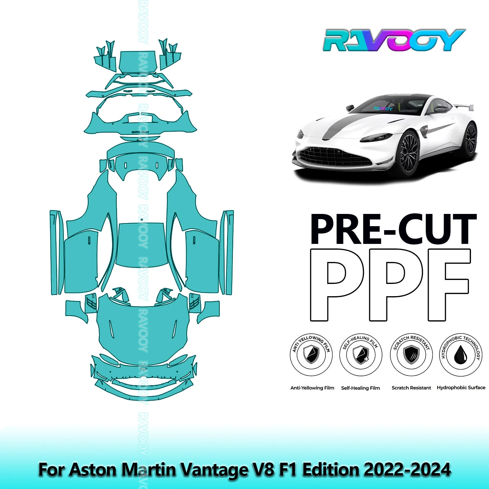RAVOOY Custom-Fit Precut TPU PPF Full Vehicle Clear Bra Stone Guard EU UK For Aston Martin Vantage V8 F1 Edition 2022-2024