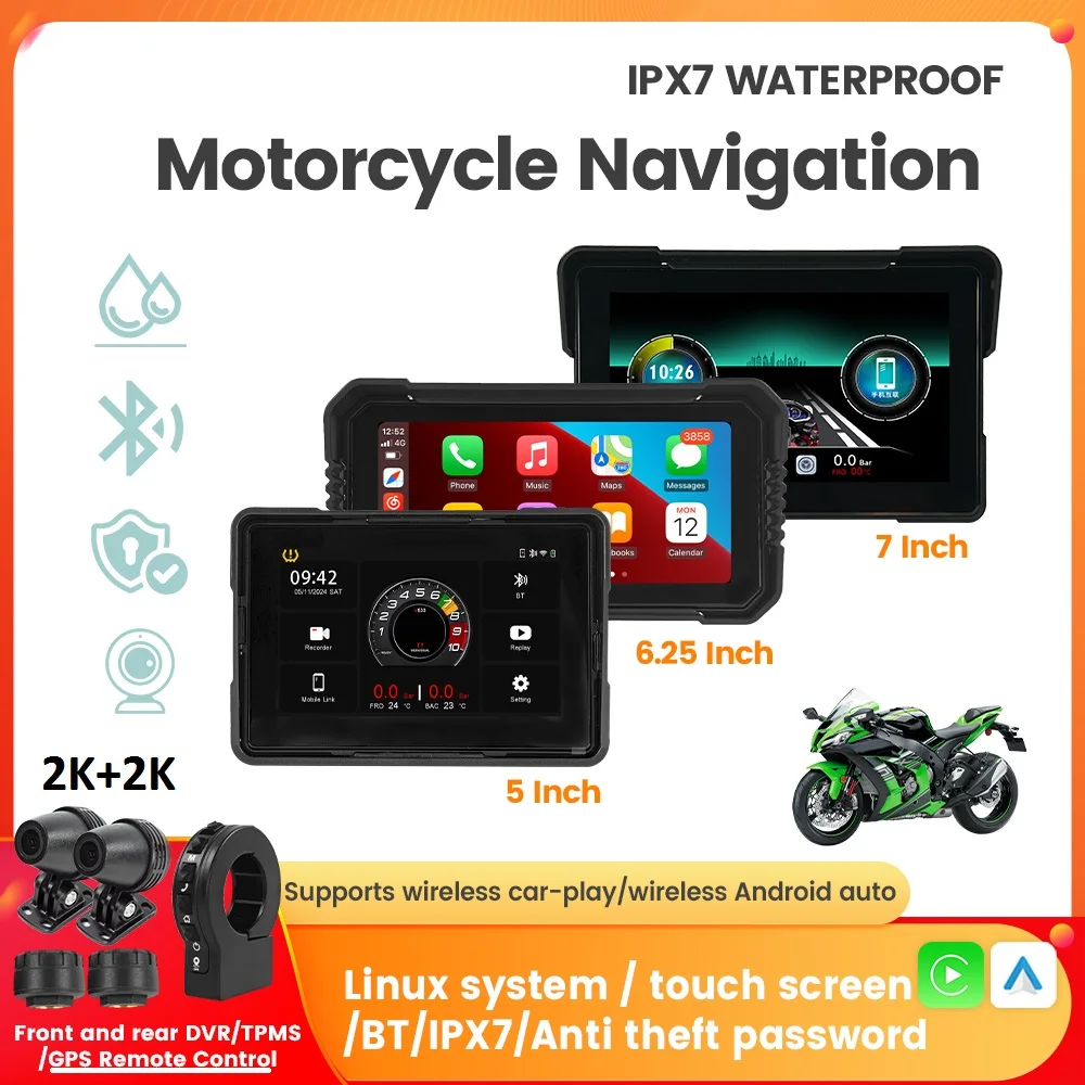 Portable 5/6.25/7 inch Motorcycle GPS Navigation Screen Wireless Carplay Android Auto DVR Drive Recorder TPMS IPX7 Waterproof BT