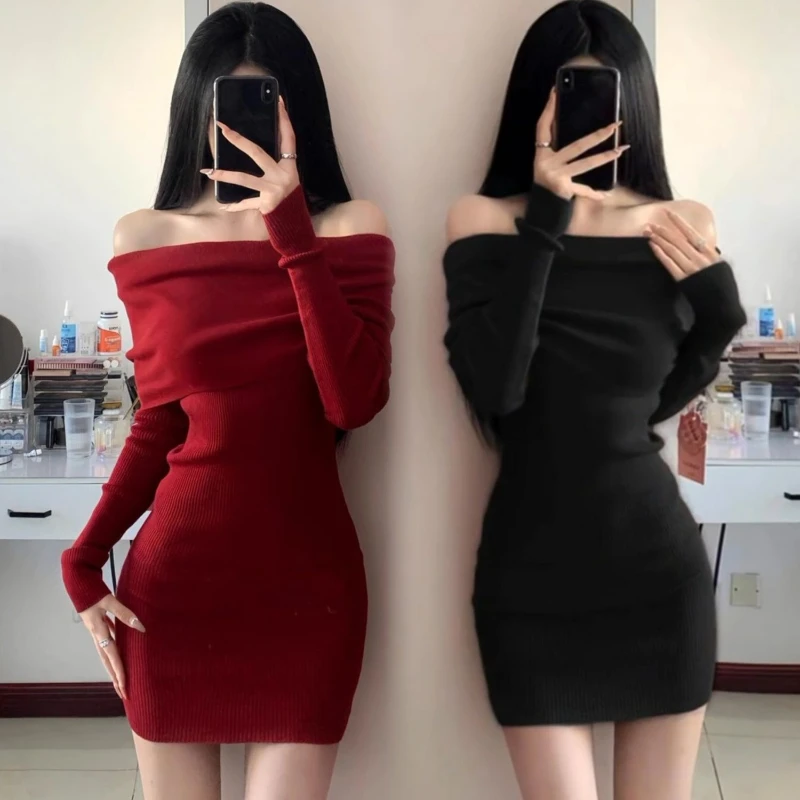 One Shoulder Women's Crochet Dresses Elegant High Quality Trend Retro Fashion Korean Clearance Sale Prom Party Female Knit Dress