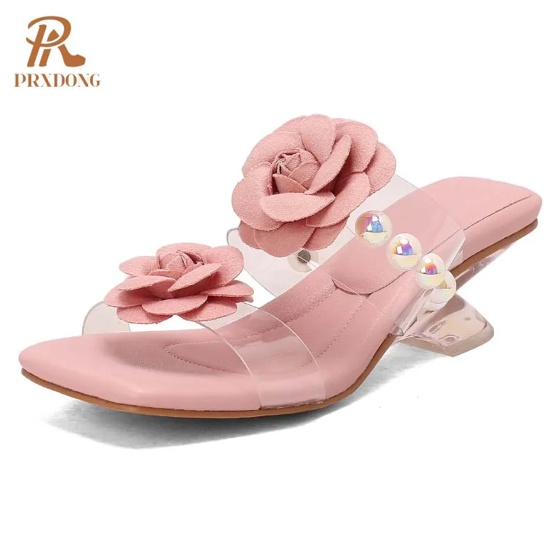 PRXDONG 2026 Nouvelles Sandales d'été pour femmes, motif floral rose et beige, à bout ouvert, pour soirée, mariage, chaussures de cérémonie, taille 39