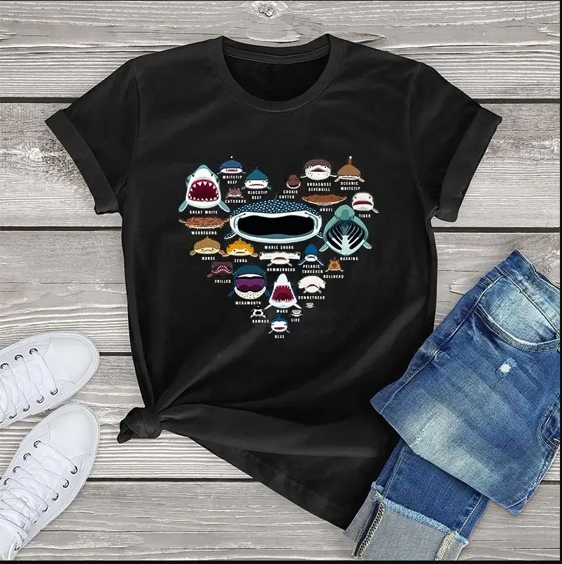 100 baumwolle t shirt frauen herz liebe shark gesichter kawaii gedruckt short-sleeve tee tops fashion t-shirt nette mädchen kleidung sommer