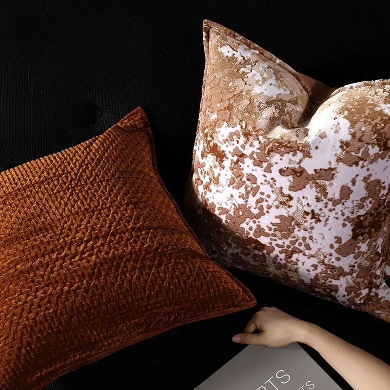 Luxury Abstract Watercolor Throw Pillow Cover  Textured Orange Velvet Cushion Case Modern Rust Decorative Pillows For Sofa Decor