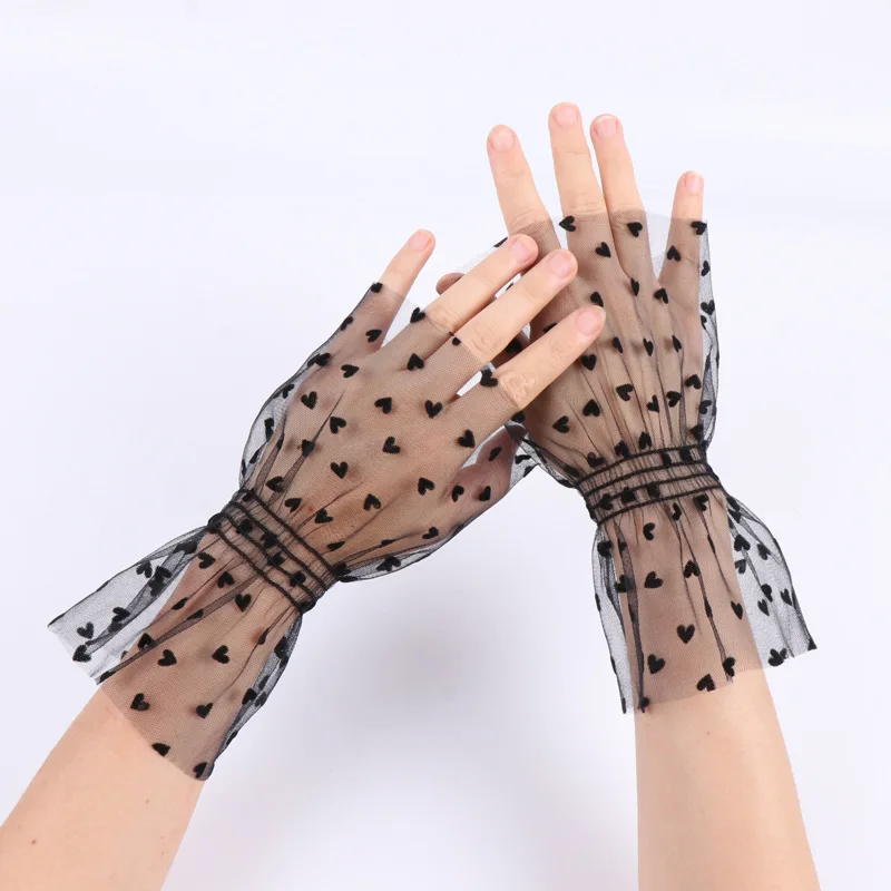 Half Finger Gloves Women Lace Mesh Heart Dot Breathable Adult Size Lightweight Color Choice Scar Covering Loose Fit Cool Holiday