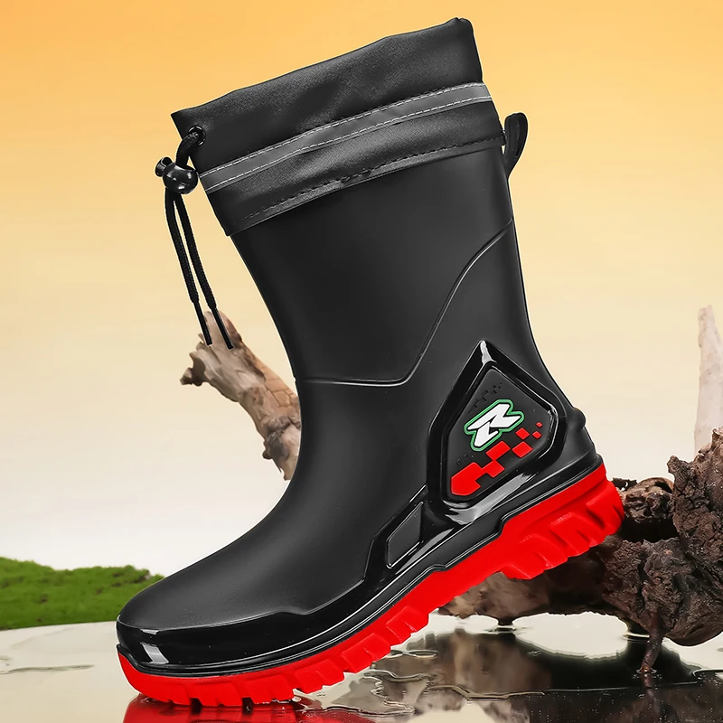 Men Cuffed Waterproof Rain Boots Fleece Lined Warm Non‑slip Rubber Working Shoes for Kitchen Outdoor Use