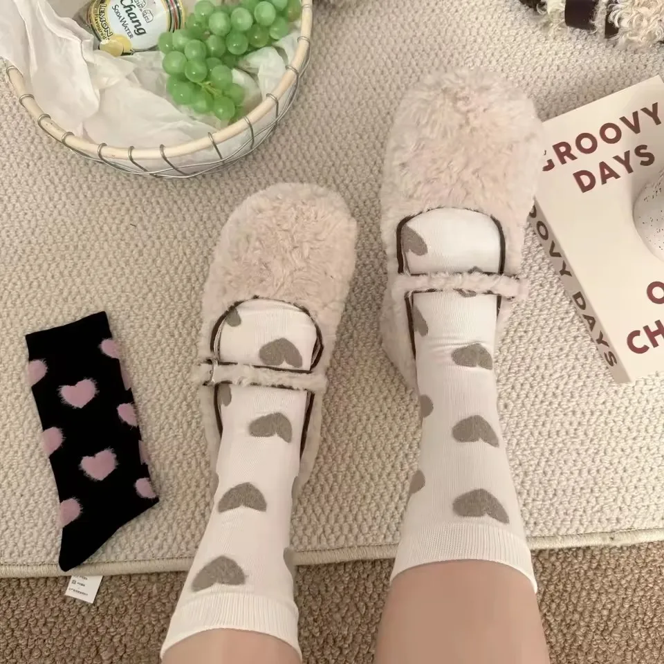 4 Pairs Women's Autumn Winter Flocking Mid-Calf Socks Color Block No-Show Crew Length Cozy Soft Fabric Korean Style Cute