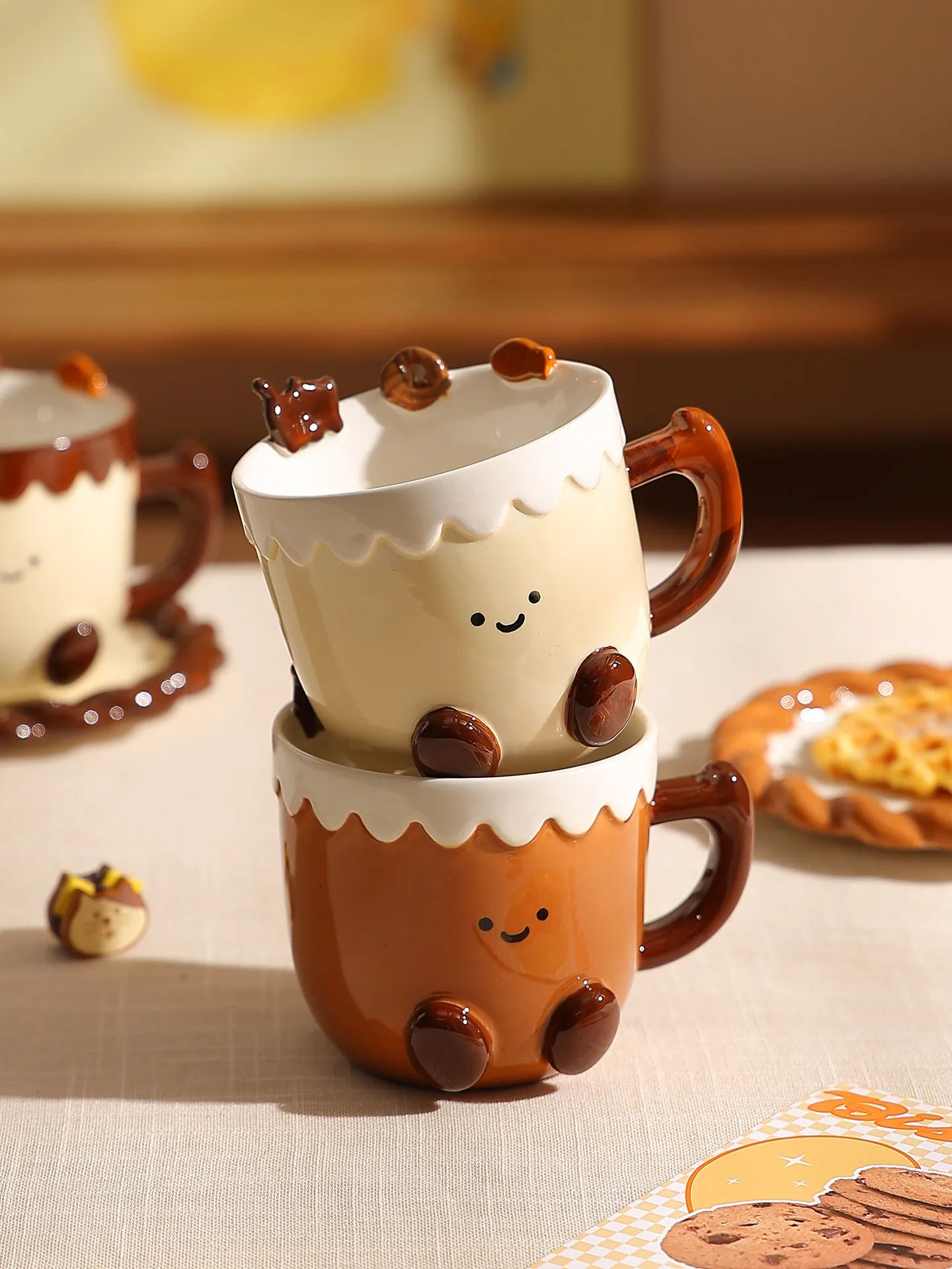 Korean Style Smiley Face Coffee Cup, High-end Exquisite Embossed Mark Cup, Girls' Creative Ceramic Cup and Plate Set