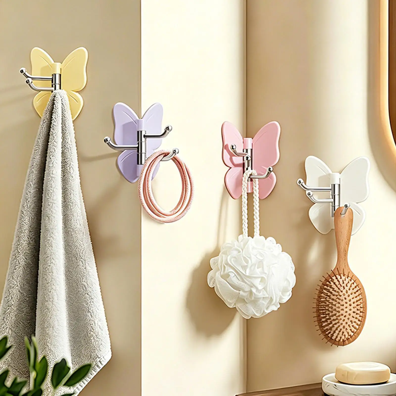 Plastic Rotating Butterfly Wall Hooks Wall Mounted Decorative Butterfly Triple Hook Space Saving Self Adhesive Corner Hooks