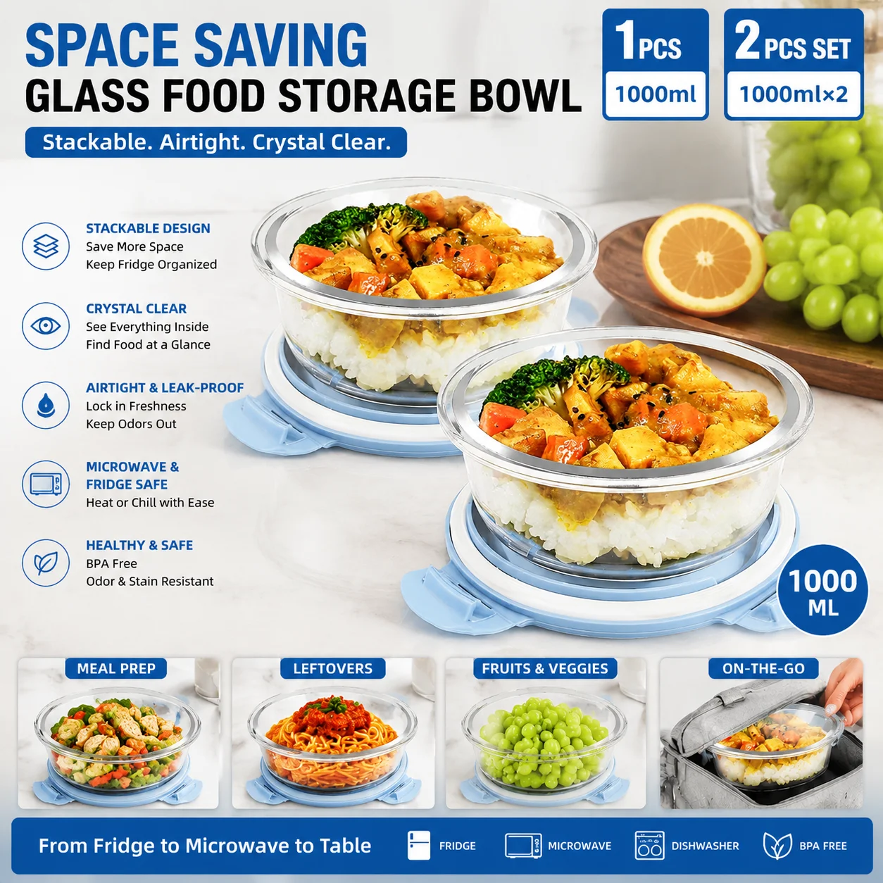 Food Storage Glass Containers Large - Стеклянный контейнер для еды 1000 мл,