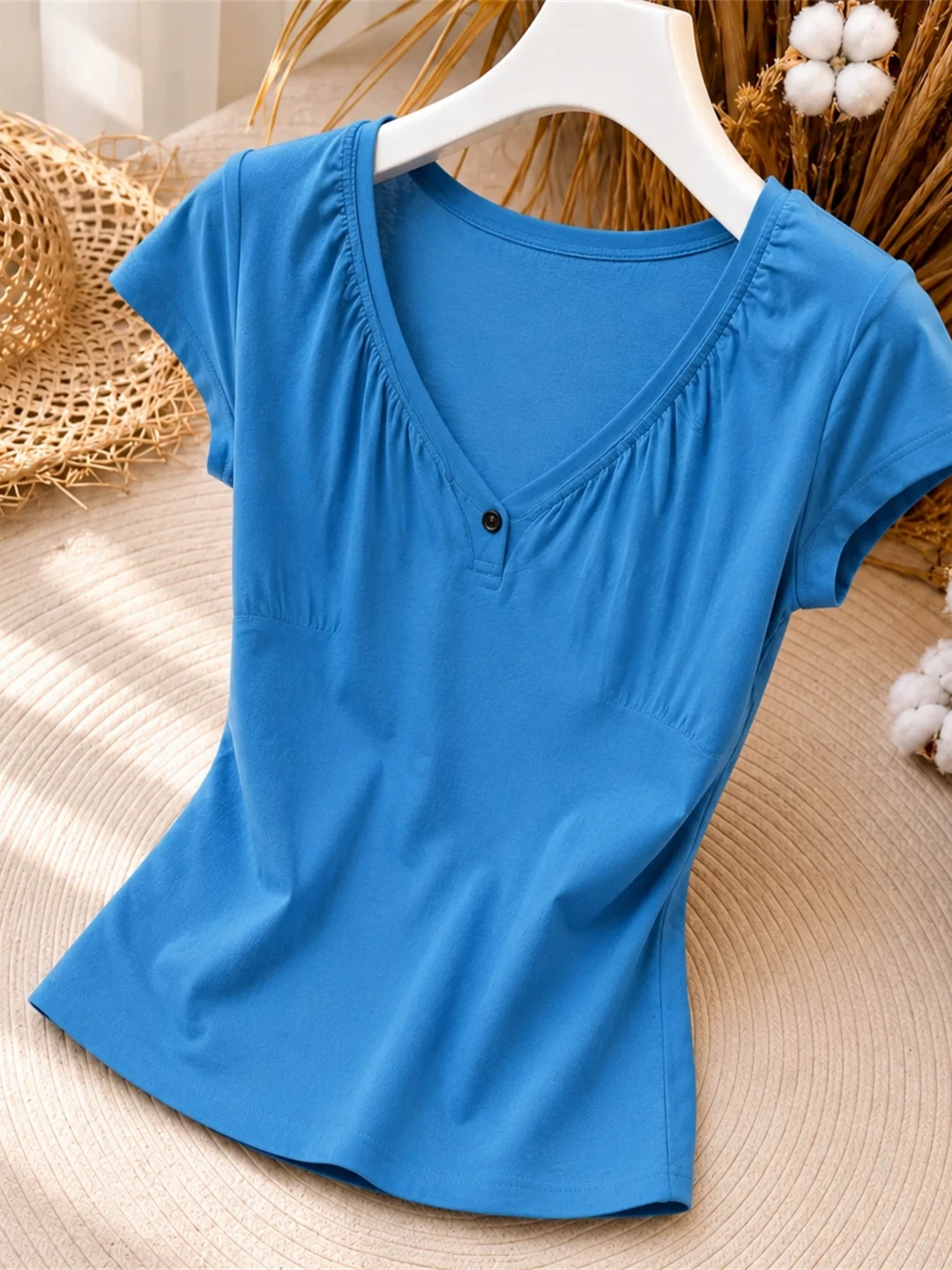 Korean Style Commute Simple V-neck Short Sleeve T-shirt Summer Fashionable High-end Popular Small Shirt Women's Top