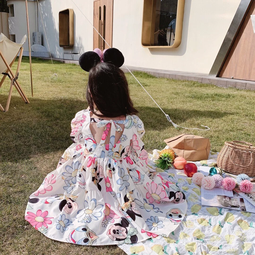 Mickey Minnie Mouse Girls Summer Casual Dress Kids Toddler Flower Cartoon Puff Sleeve Clothes Cute Princess Vestidos Prom Party