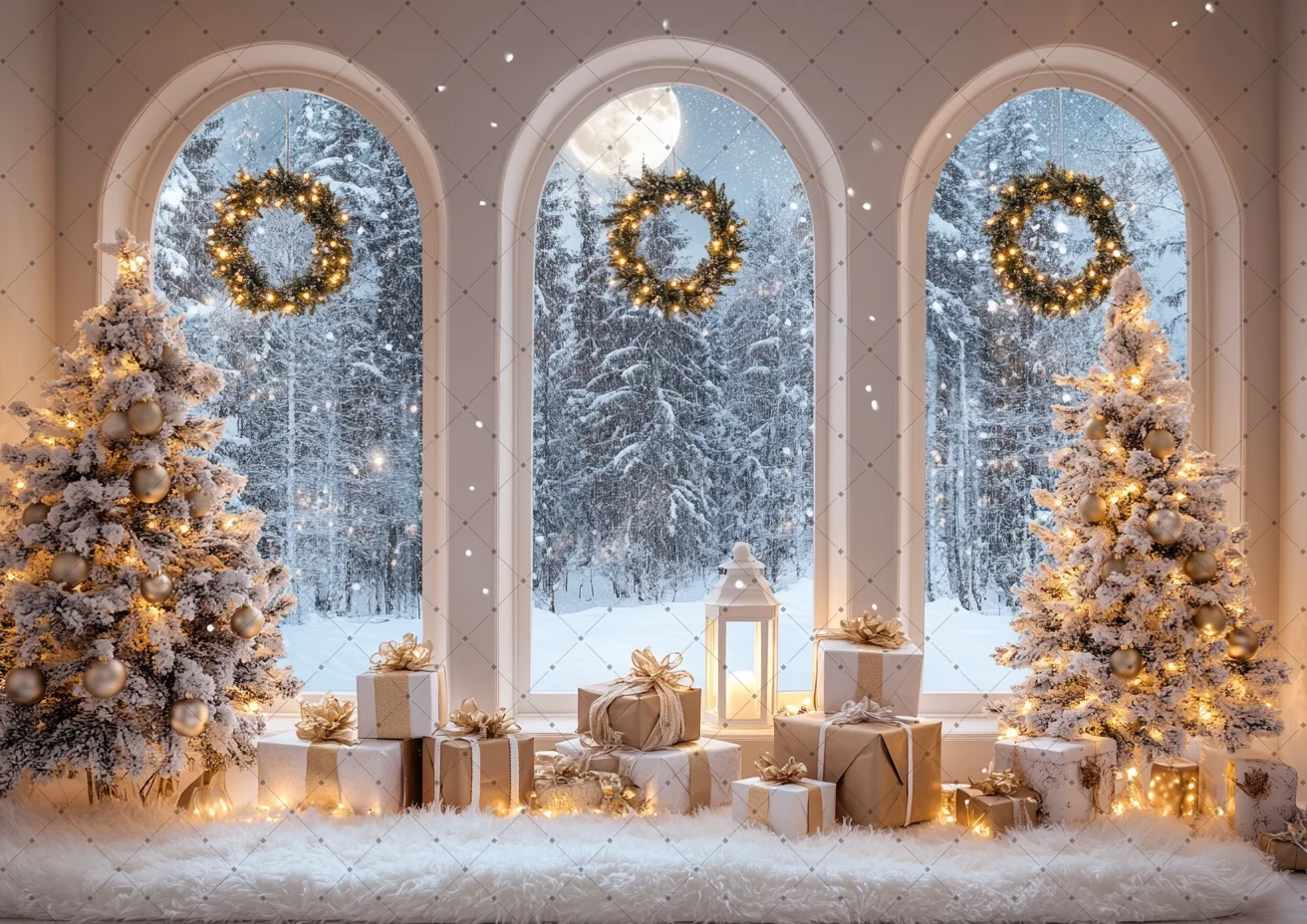 Window Christmas Photo Backdrop Full Moon Snow Forest Xmas Tree Wreath Lantern Gift Box Winter Portrait Studio Background Prop