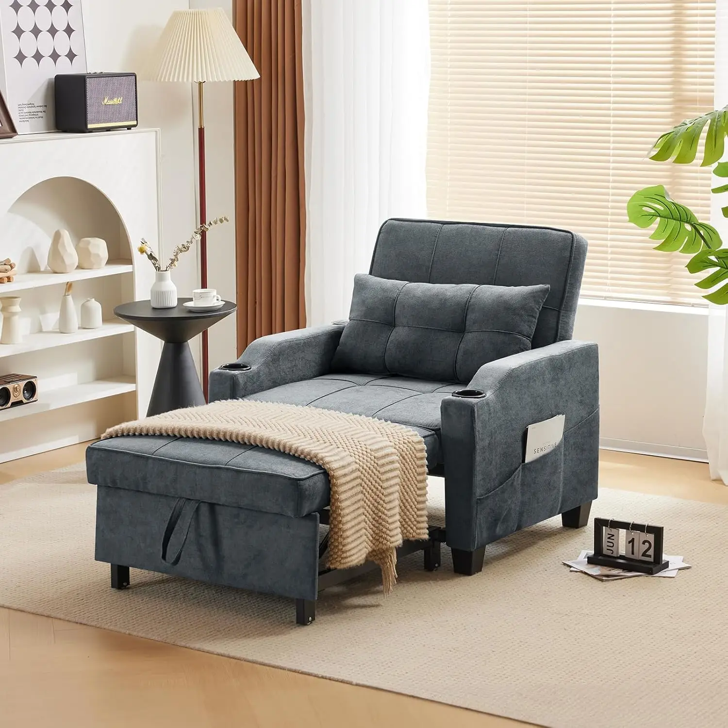 Sofa Bed Chair Recliner, 3-in-1 Convertible Sleeper Sofa Chair Bed Dark Gray Daybed Pull Out Couch Bed with Adjustable Backrest