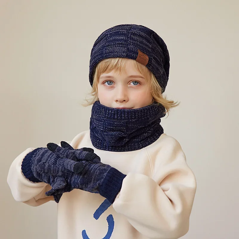 Conjunto de gorro y bufanda para niños y niñas, protección cálida para los oídos, gorro de punto de felpa, bufanda de redecilla, guantes para niños,