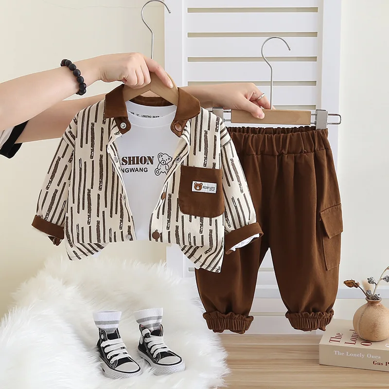 

Toddler Boys Outifts 2024 Baby Boy Fall Clothes Single Breasted Long Sleeve Shirts + T-shirts + Pants Three Piece Kids Tracksuit