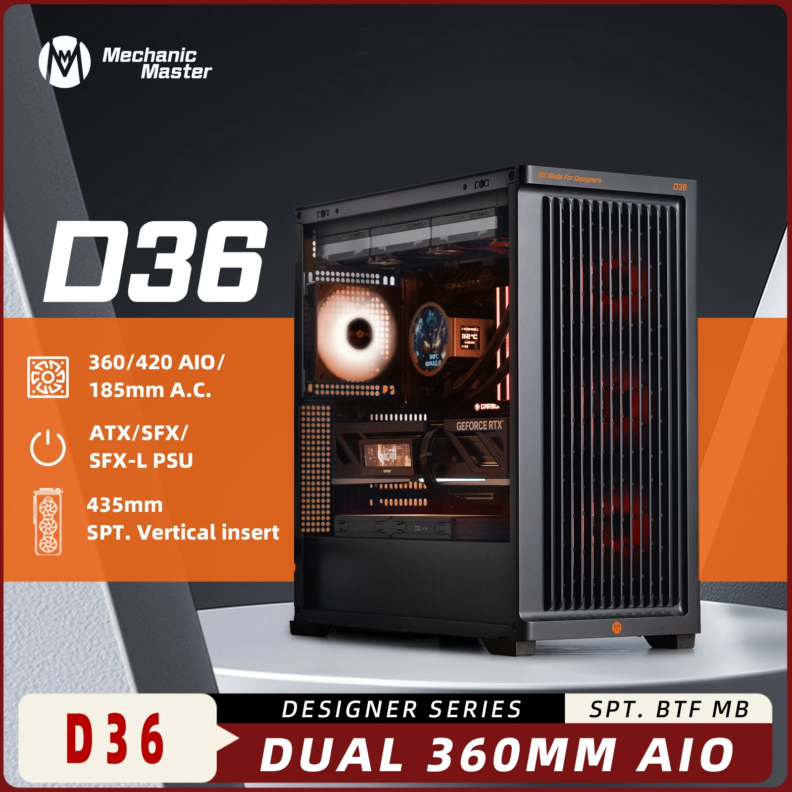 

Корпус для настольного компьютера Mechanic Master D36 Designer Series ATX/Back-plug MB Dual 360 AIO ATX PSU с быстросъемным воздуховодом