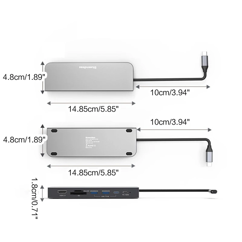 Blueendless USB 3.1 10 HUB Type-C Docking Station HDMI2.0 compatível com Lan