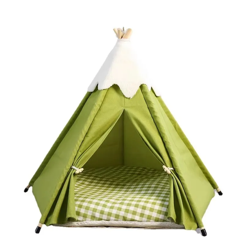 

Home Pet Tent Semi-enclosed Cat and Dog Game House Foldable Triangle Wooden Cat House with Cushions