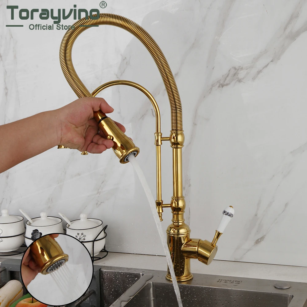 

Torayvino Golden Spring Pull Down Kitchen Sink Faucet Hot & Cold Basin Crane Tap with Dual Spout Deck Mounted Mixer Water Tap