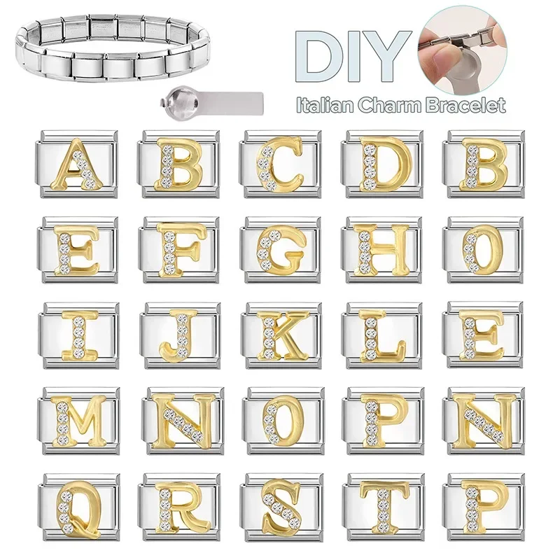 2026 Shiny Zircon 26 English A-Z Capital Letters Golden Italian Charm Link Fit 9mm Stainless Steel Bracelet Women Men DIY Make