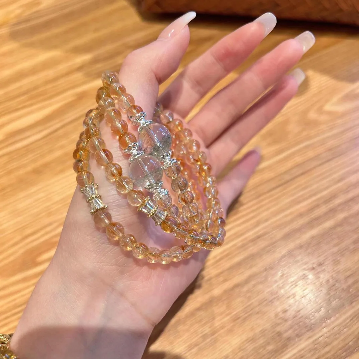Chinese Style Lucky Wealth Attracting 6mm Natural Yellow Azeztulite 10mm Green Phantom Quartz Double Layer Bracelet For Women