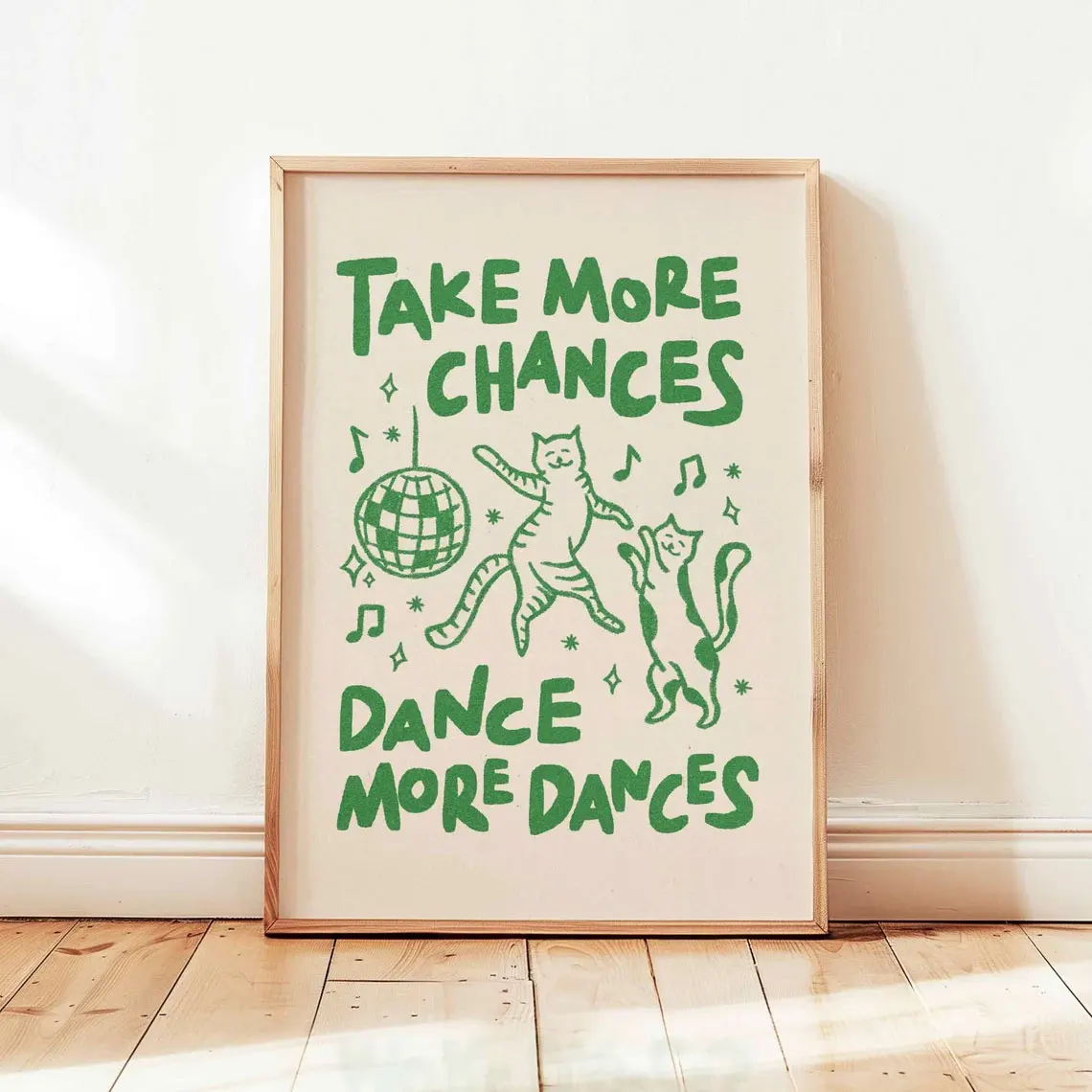 Playful ‘Take More Chances Dance More Dances’ Cat Disco Wall Art – Whimsical Green Print with Dancing Felines & Disco Ball, Perf view 5