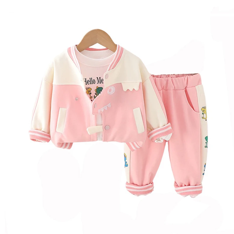 

Baby Girl Autumn Clothes 2024 Korean Fashion Patchwork Dinosaur Cardigan Coats + T-shirts + Pants Kids Girls Boutique Outfit Set