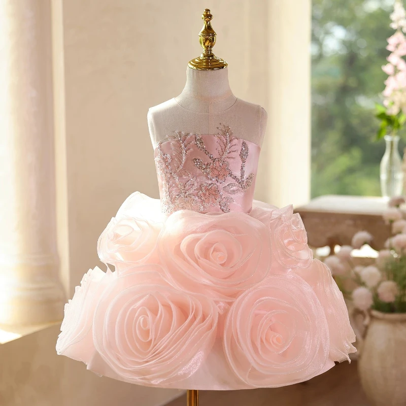 Kids Pink Floral Formal Princess Gown Costume Children Flower Girl Birthday Evening Dress Host Piano Performance Pageant Outfit
