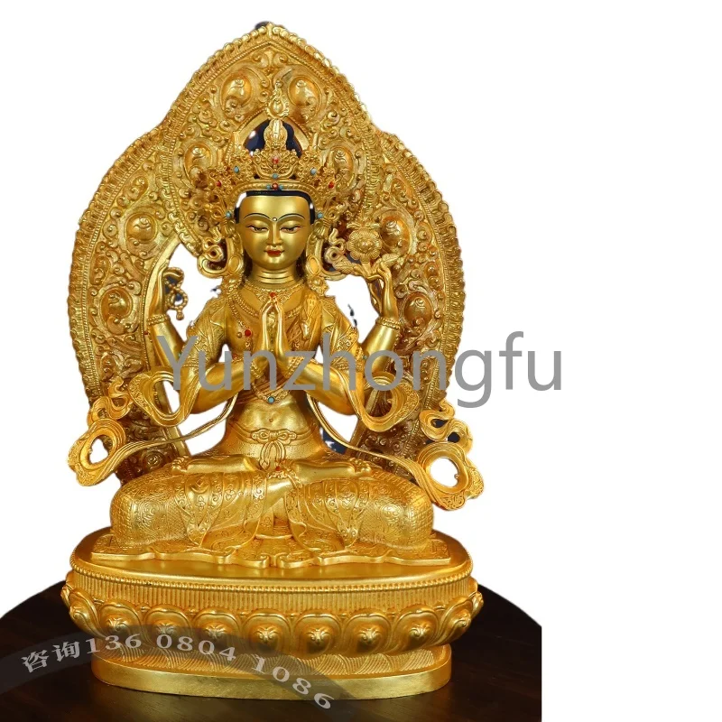 Pure copper Buddha statue of the Four Arm Avalokitesvara Bodhisattva, enshrined in the Tibetan Tantric Buddhism Hall,