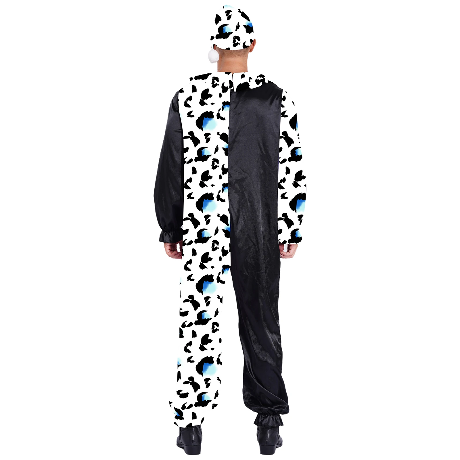 

Men Halloween Clown Outfit Frightening Killer Clown Costume Set Striped Jumpsuit Long Sleeve Pompoms Hat Rave Party Cosplay