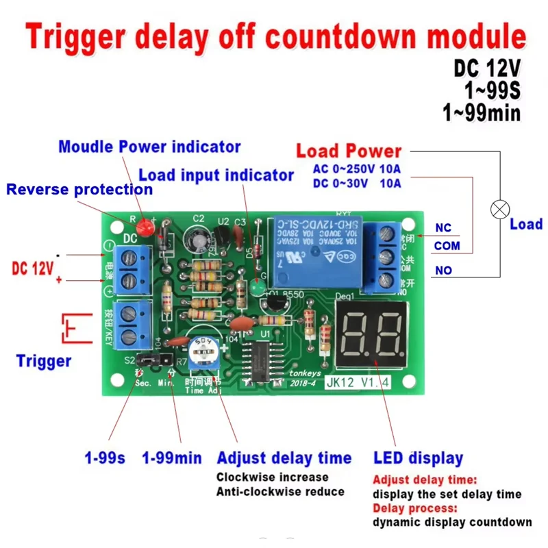 B04B-DC12V LED-display Countdown Timer Vertraging Uitschakelen Relaisschakelaarmodule Timing Functionaliteit