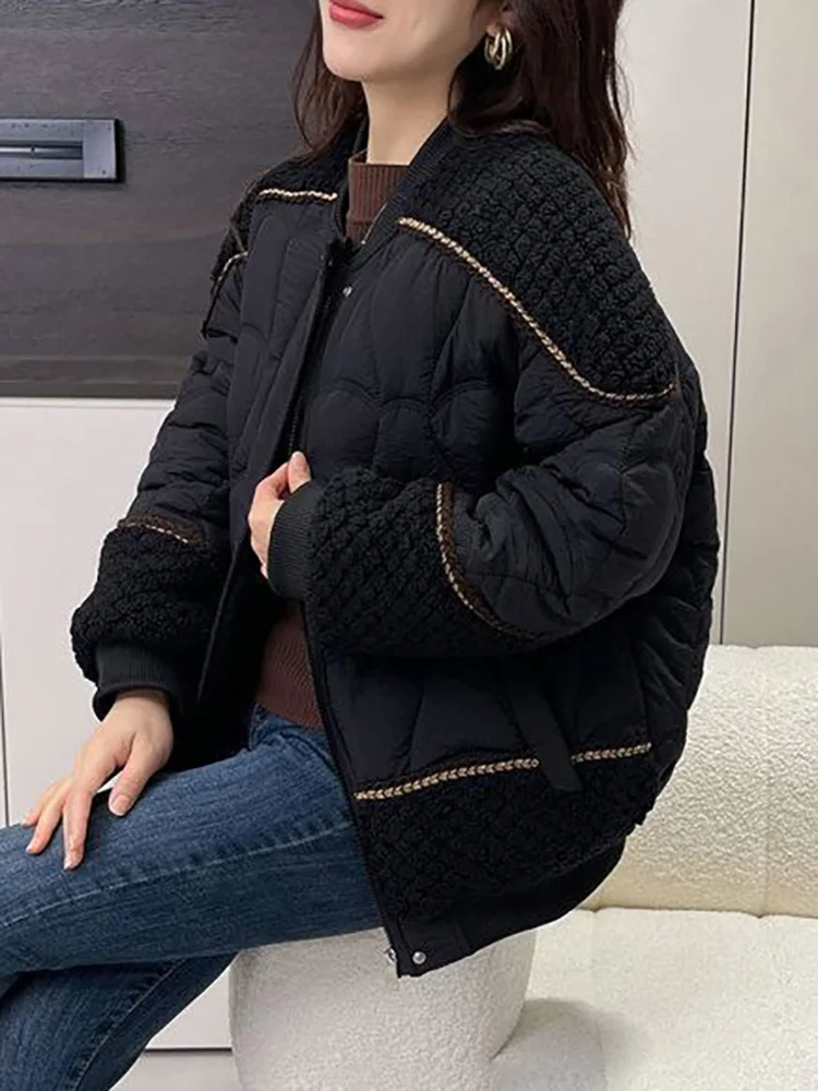 패션 스플라이싱 두꺼운 코트 재킷 스탠드 칼라 배기핏 지퍼 따뜻한 패치워크 여성 캐주얼 루즈 탑스 자켓