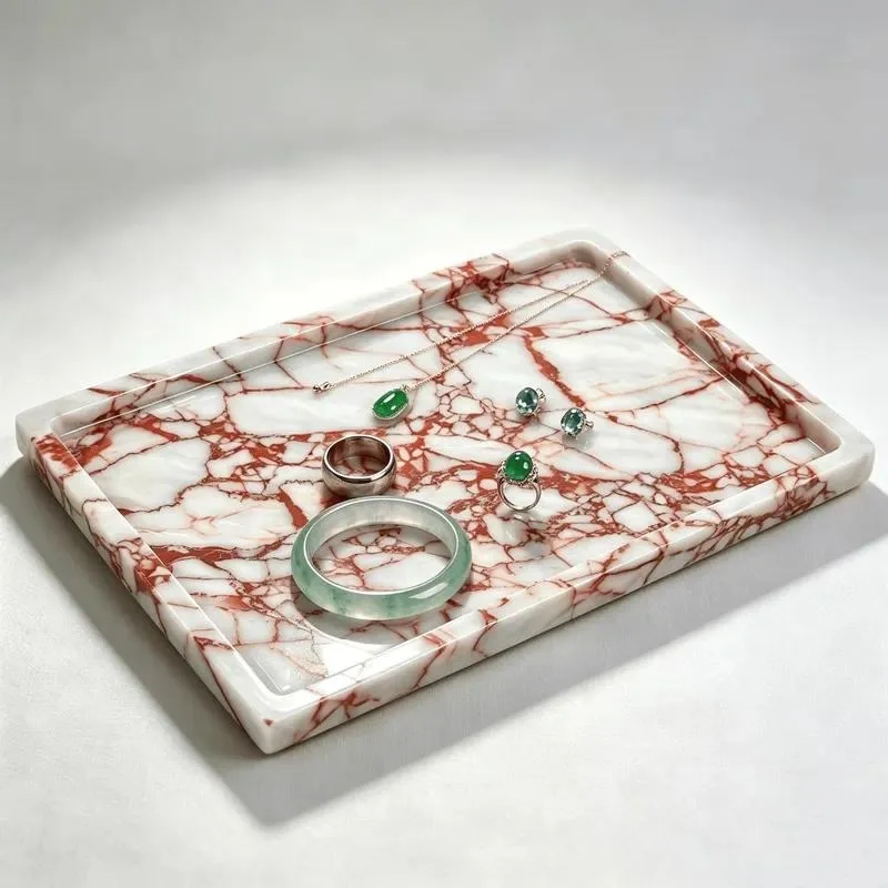 for Custom natural Karakata red marble trays, luxury stone trays for food, jewelry display, home decoration, hotel use