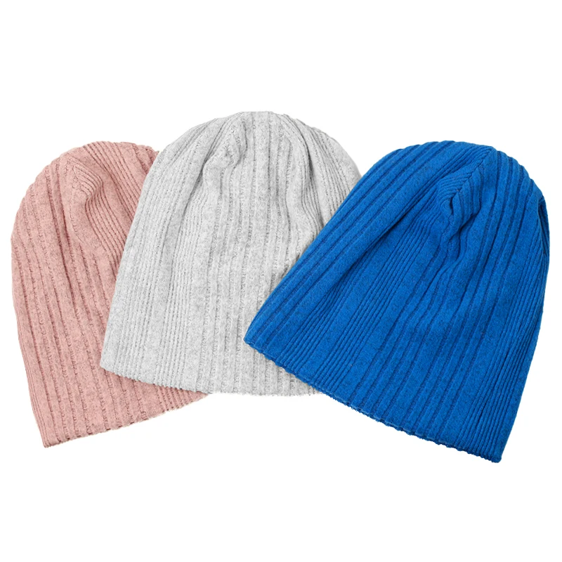 Geebro Women Solid Color Knitted Striped Beanies Hat Autumn Winter Warm Skullie Beanie Casual Loose Bonnet Hip Hop Caps