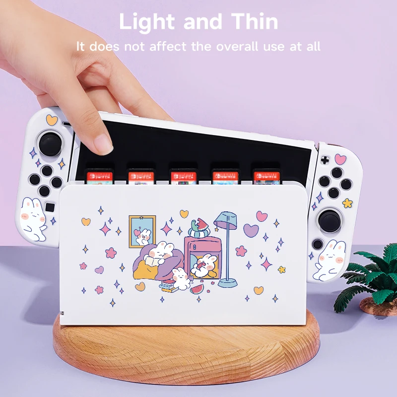 2 Pcs Cute Rabbit Theme Pattern Protective Case with Base Cover Set for Switch OLED/Switch NS, Can Store 5 Game Cards